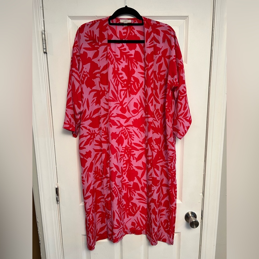 Loft Kimono Duster Size XS / Small Tropical Floral Print Pink Red Swim Cover Up